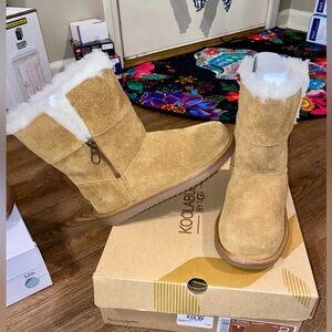 NIB UGG K ARIBEL SHORT SIDE ZIP FUR LINED BOOTS BIG KIDS SZ 2 TAN LEATHER